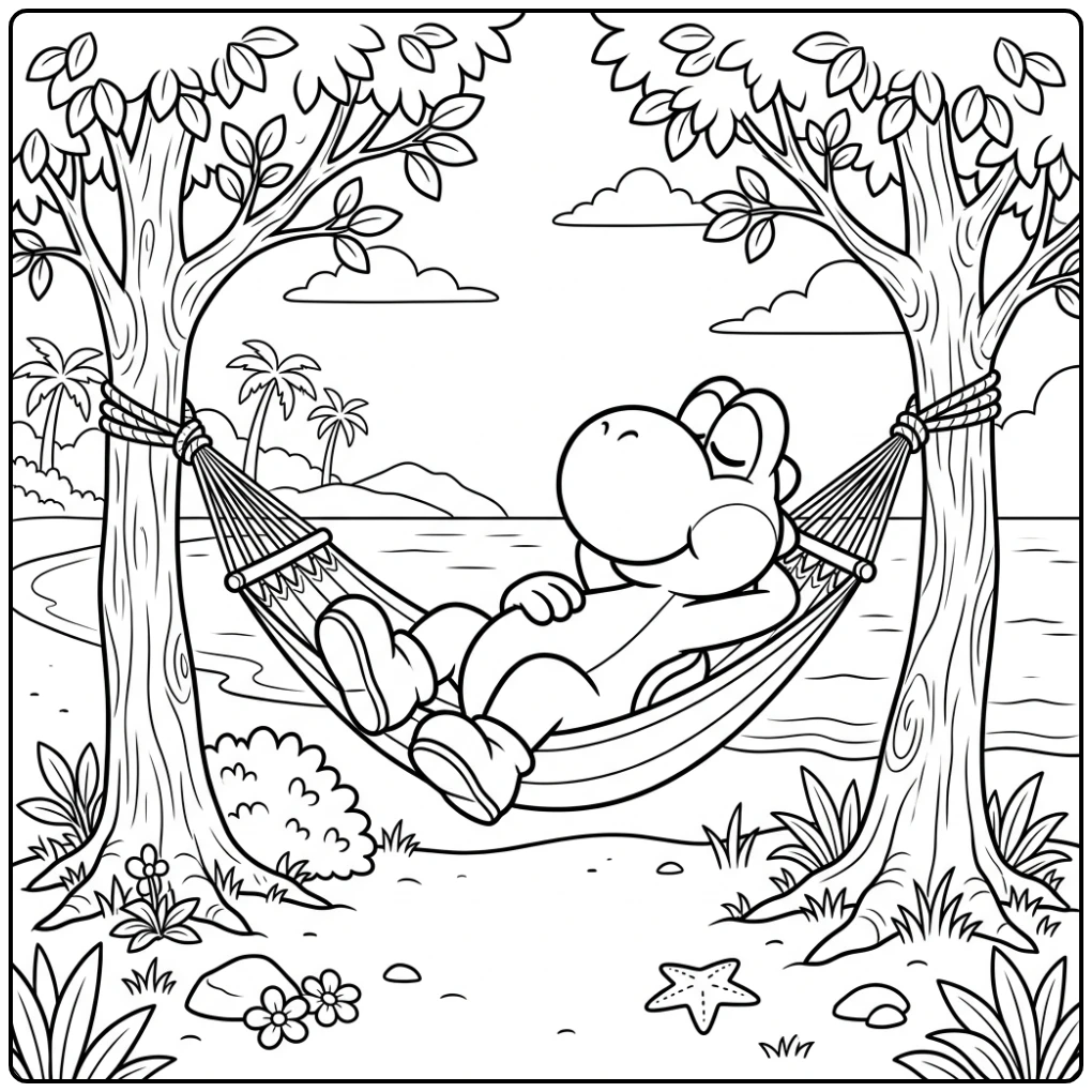 Rustige yoshi kleurplaat: Yoshi ontspant in een hangmat tussen bomen.