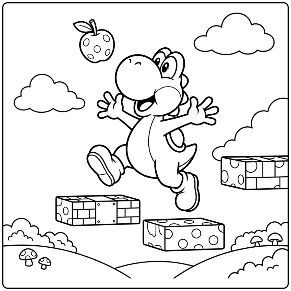 Een vrolijke yoshi kleurplaat, Yoshi springt om fruit te vangen.