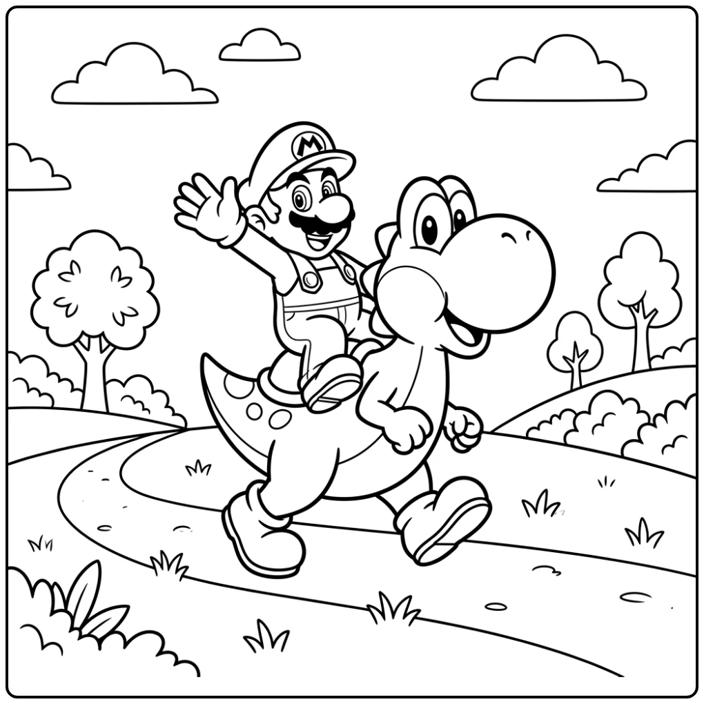 Yoshi draagt Mario op rug op een graspad, perfecte yoshi mario kleurplaat.