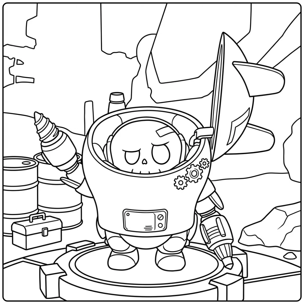 Zandgolf kleurplaat van een schedelrobot met een boor.
