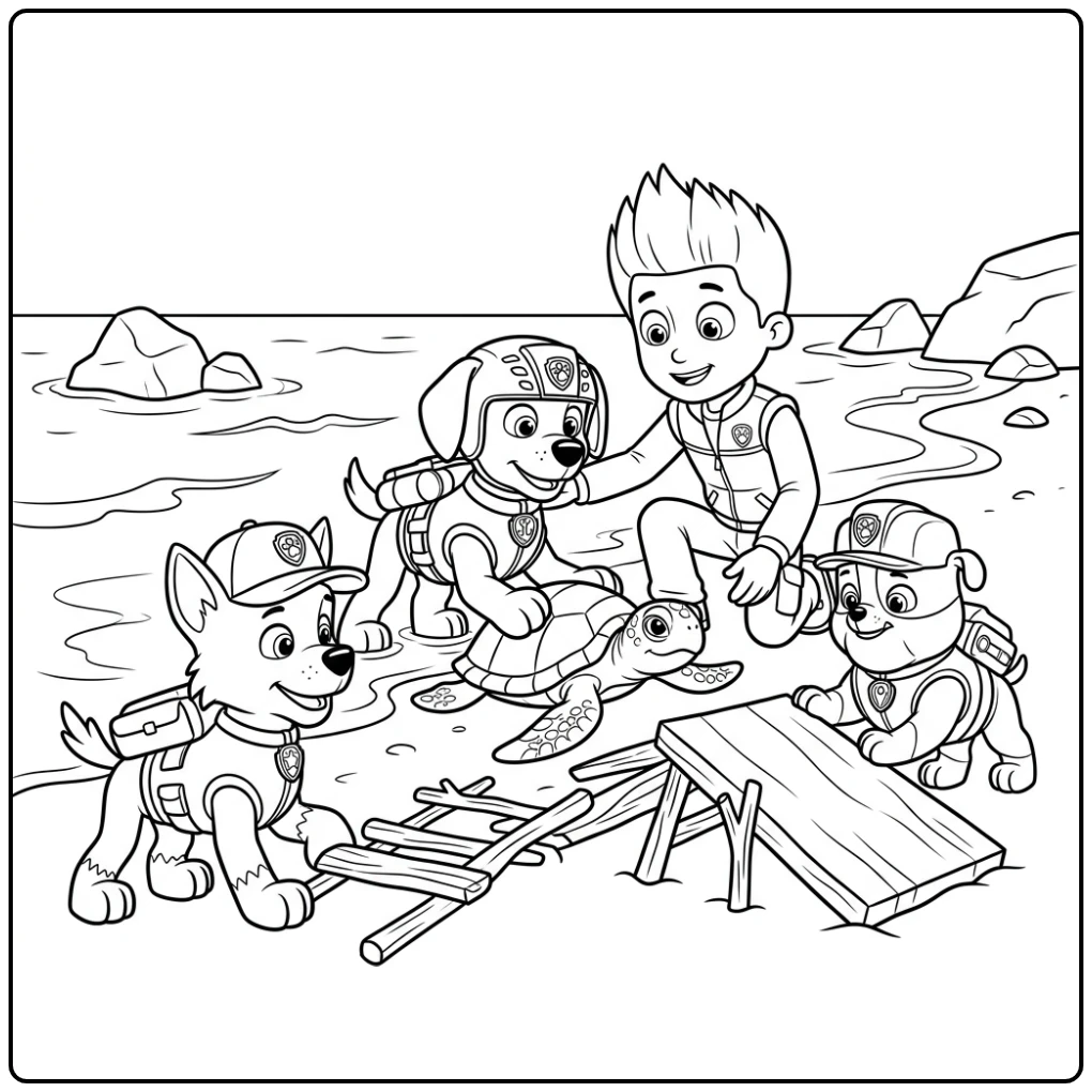 Zuma redt schildpad, Ryder helpt bij deze zuma paw patrol kleurplaat.