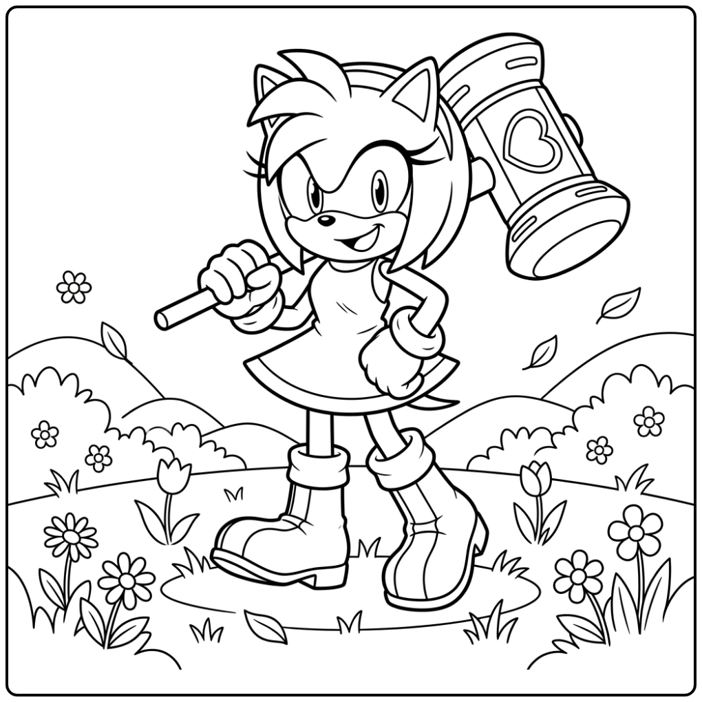 Amy Sonic kleurplaat: Amy Rose met hamer, zelfverzekerd