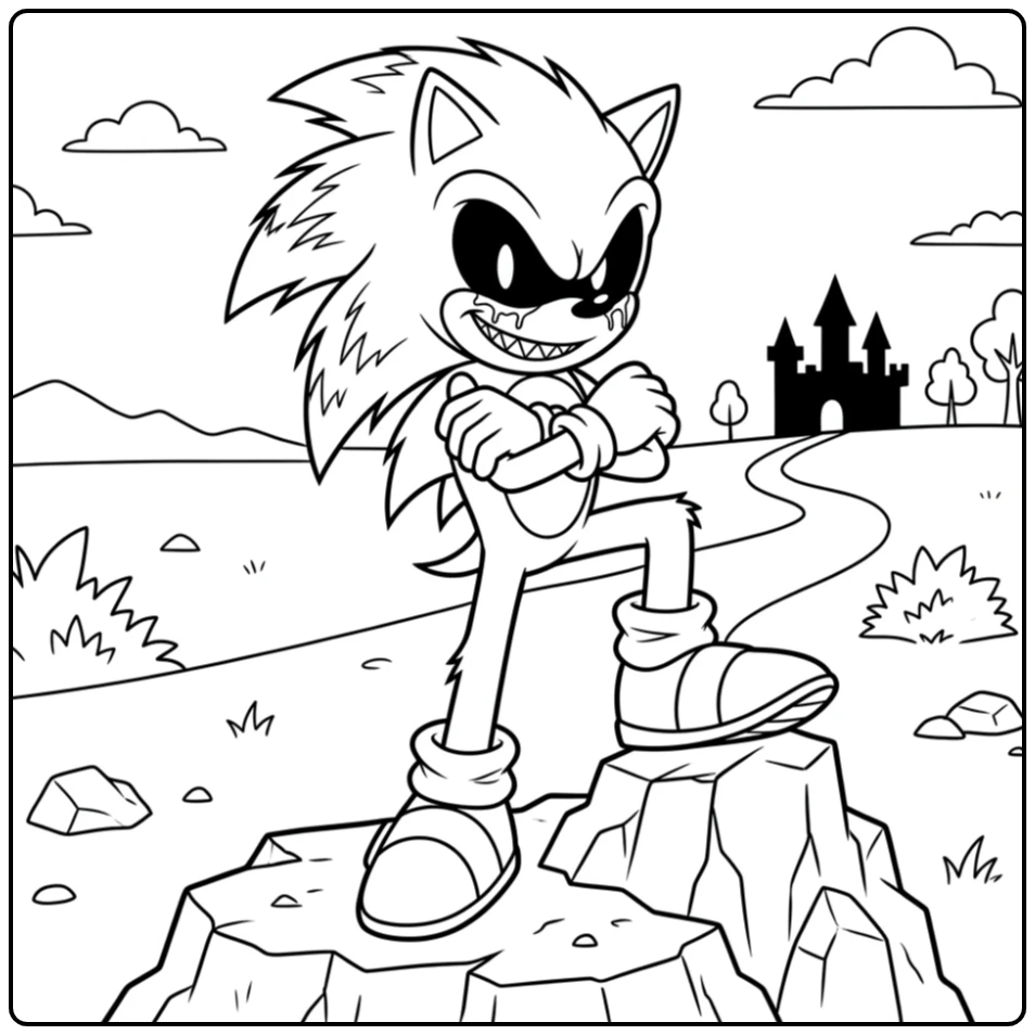 Aangrijpende sonic exe kleurplaat: zelfverzekerde Sonic op een rots.