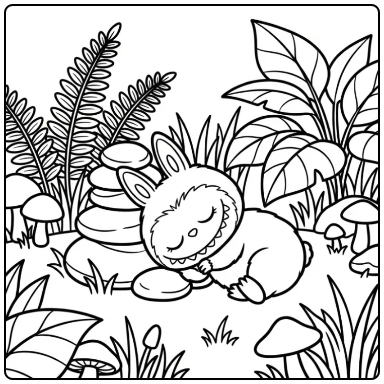 Kleine labubu kleurplaat cute rustend in de natuur.