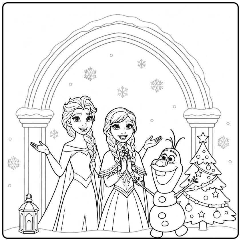Leuke kleurplaat kerst frozen met zingende Elsa en Anna.