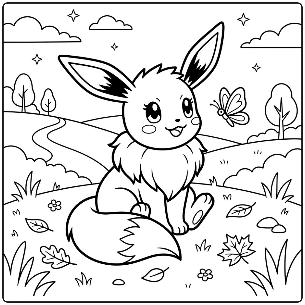 Leuke Eevee zit met vlinder, ideaal pokemon kleurplaat makkelijk