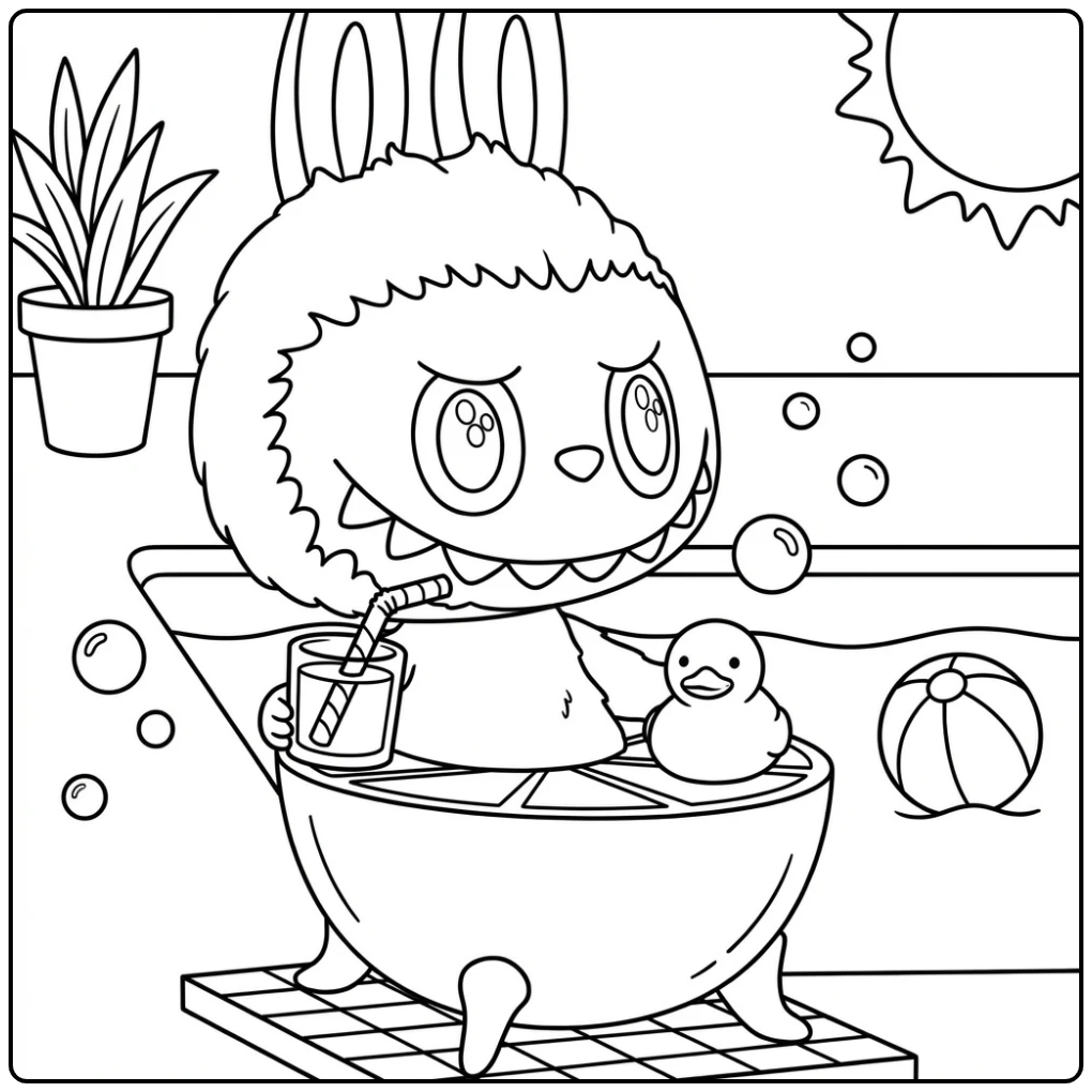 Citroen Labubu Kleurplaat van karakter in fruitbad.