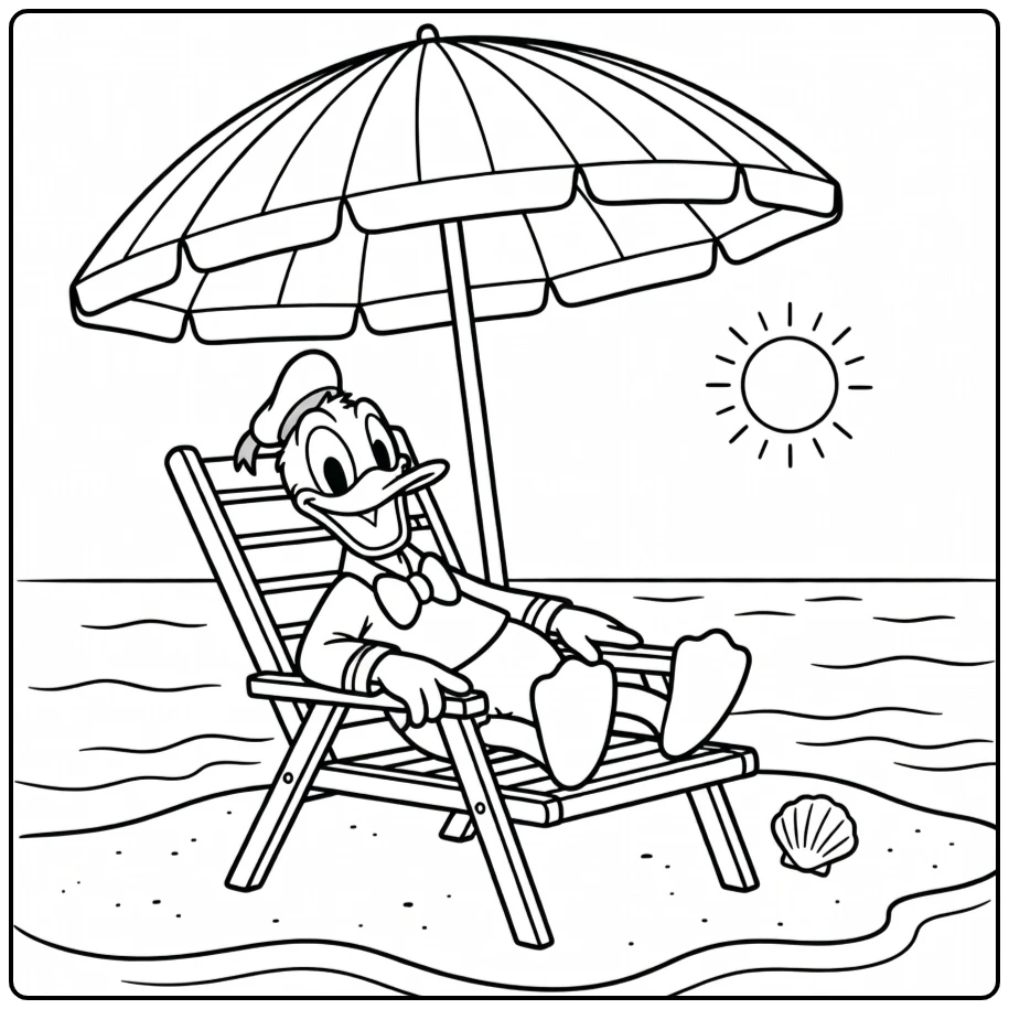 Ontspannen kleurplaat donald duck op strandstoel onder parasol