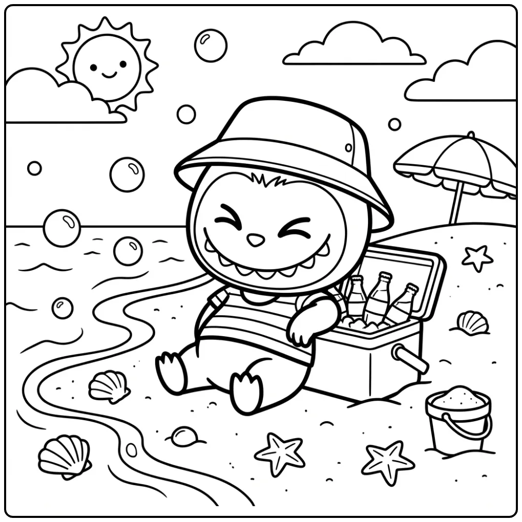 Schattige kleurplaat labubu cola met koelbox aan zee.