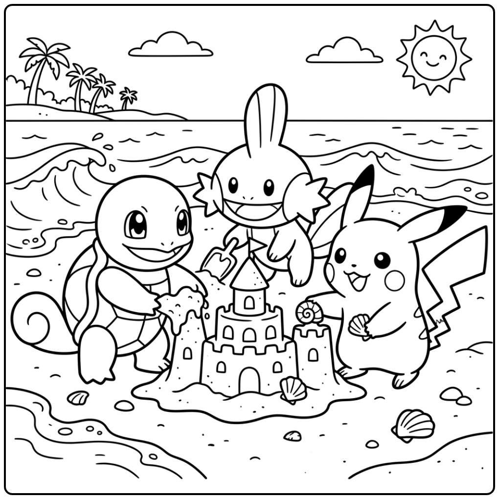Kleurplaat pokemon schattig: Squirtle en Mudkip bouwen zandkasteel.