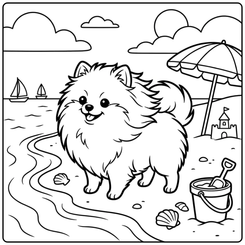 Schattige kleurplaat pomeriaan met emmertje en schepje.