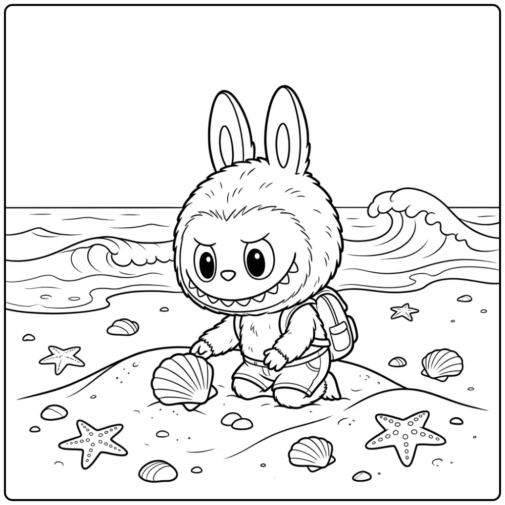 Een labubu kleurplaat cute met schelpen op het strand.