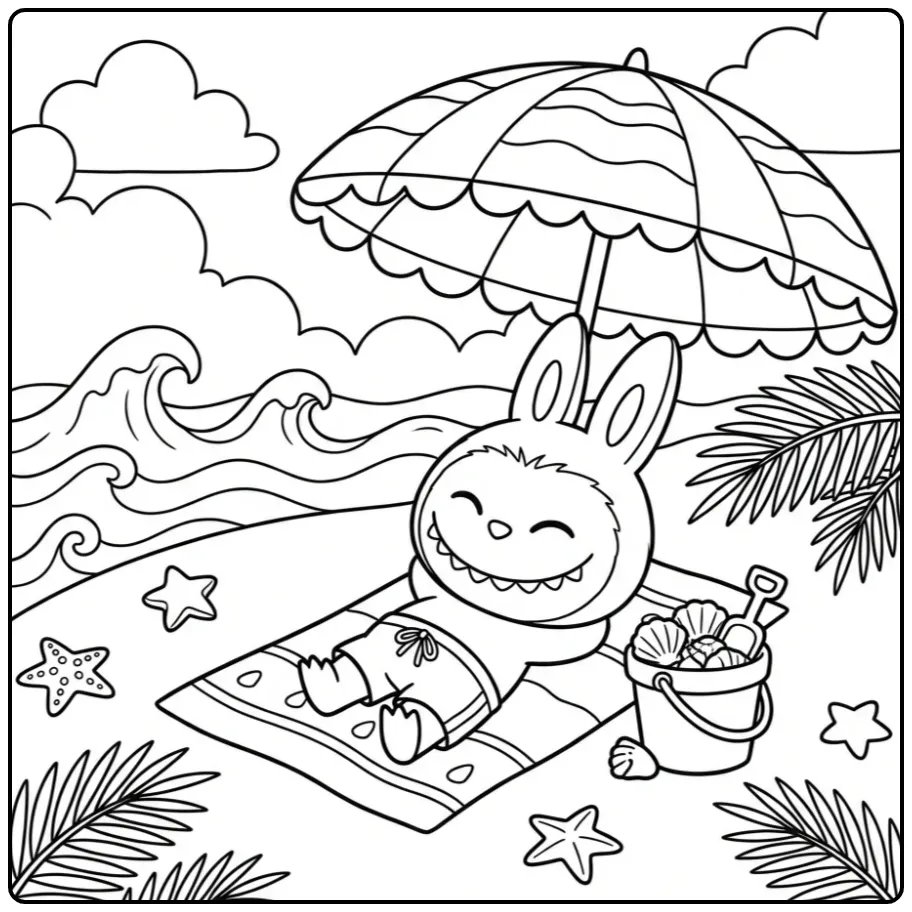 Een vrolijke kleurplaat labubu zomer op het strand met schelpen.