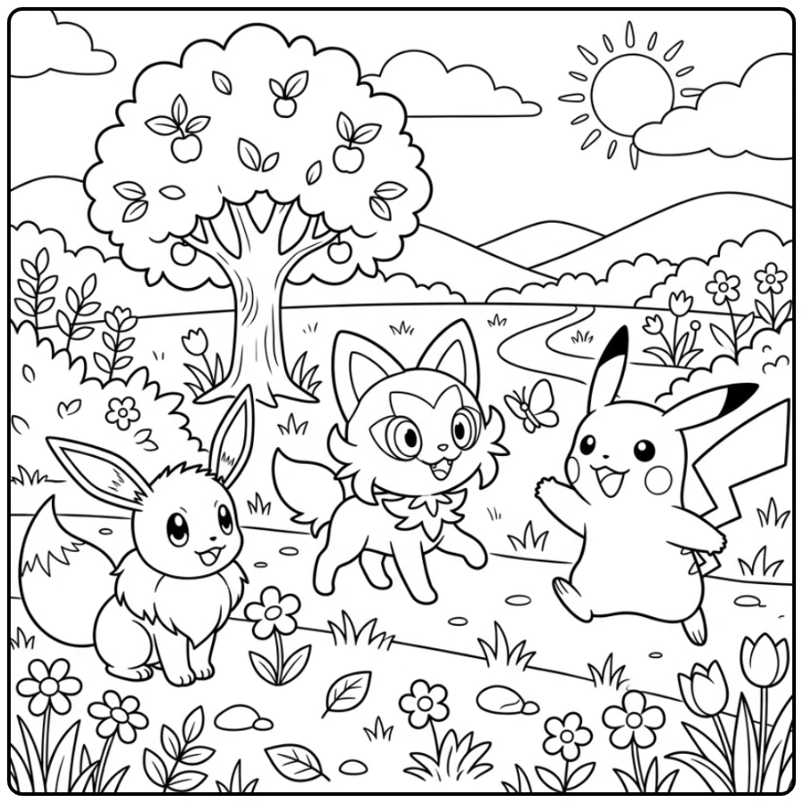 Leuke kleurplaat pokemon sprigatito met Pikachu en Eevee in de tuin