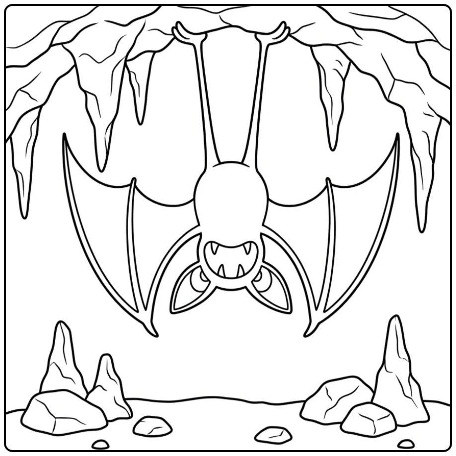 Ondersteboven hangende Zubat kleurplaat in een rotsachtige grot.