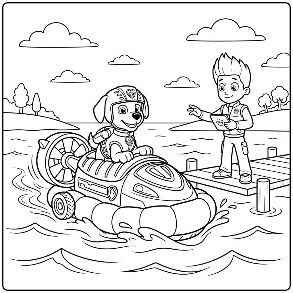 Zuma Paw Patrol kleurplaat: Zuma op zijn hovercraft met Ryder aan de dok.