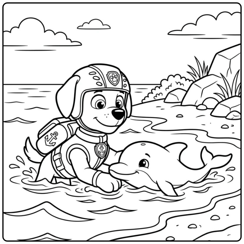 Zuma Paw Patrol kleurplaat: Zuma redt dolfijn aan de kustlijn.