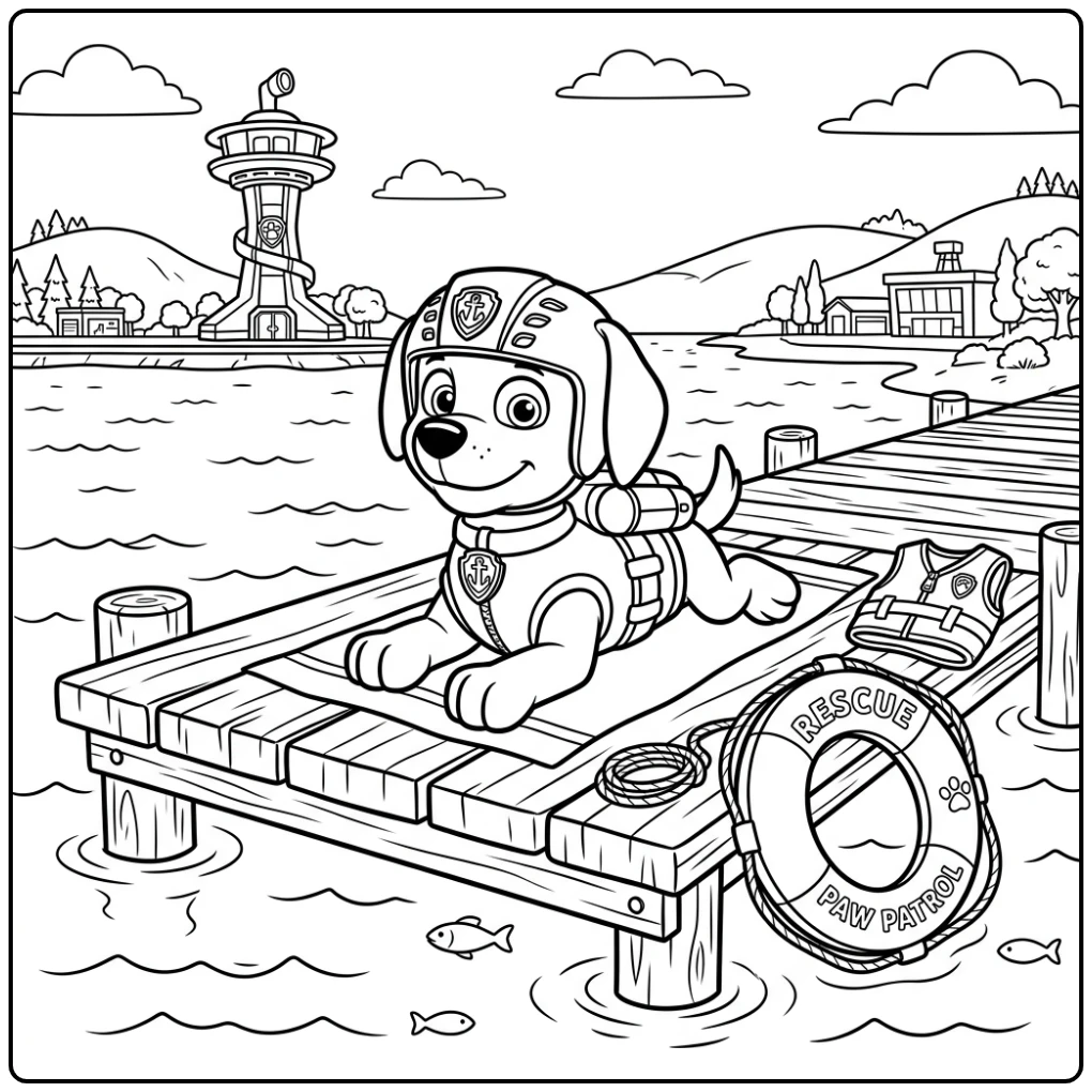 Zuma Paw Patrol kleurplaat: held ontspant op de steiger na missie.
