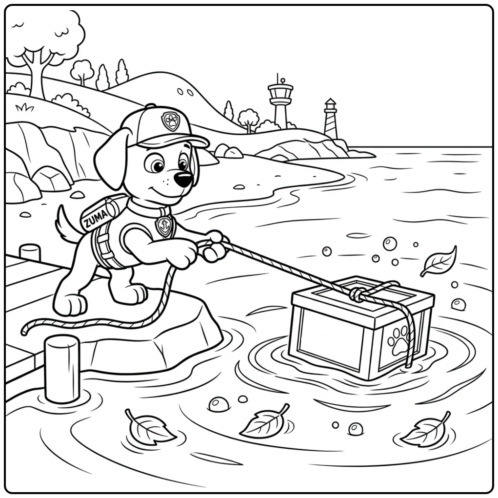 Zuma Paw Patrol kleurplaat: heldhaftige reddingsactie met touw in water.