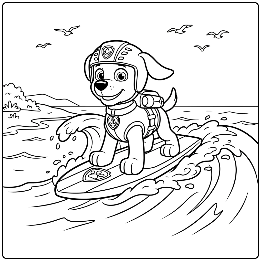 Zuma Paw Patrol kleurplaat: Zuma surft vol zelfvertrouwen op golf.