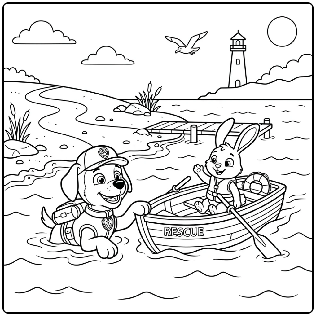 Zuma uit Paw Patrol helpt bootje veilig aan wal, zuma paw patrol kleurplaat.