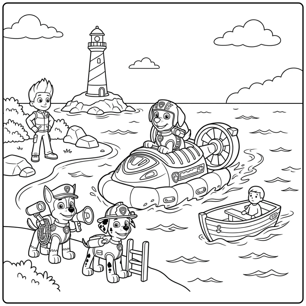 Zuma Paw Patrol kleurplaat: Zuma redt boot met hovercraft.