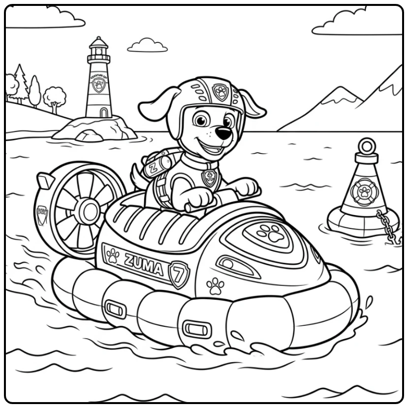 Zuma in zijn hovercraft, een toffe paw patrol auto kleurplaat