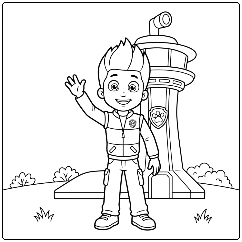 Ryder zwaait vrolijk bij de toren - paw patrol kleurplaat makkelijk