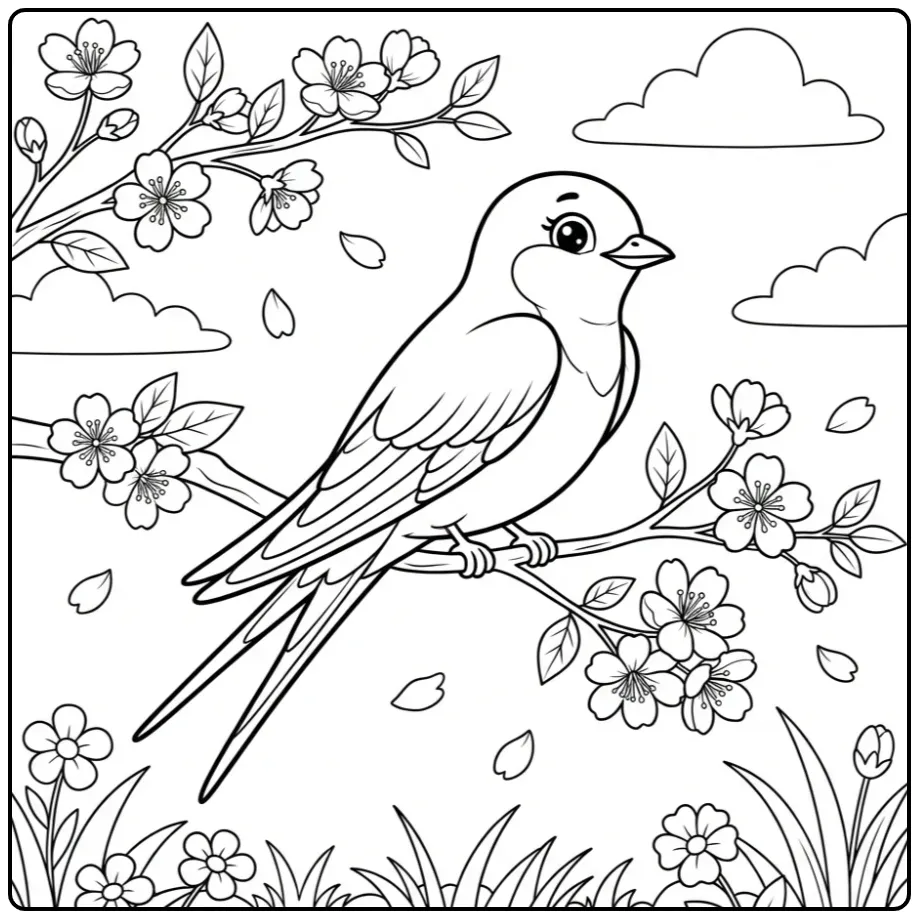 Schattige zwaluw kleurplaat op een tak met bloesem.