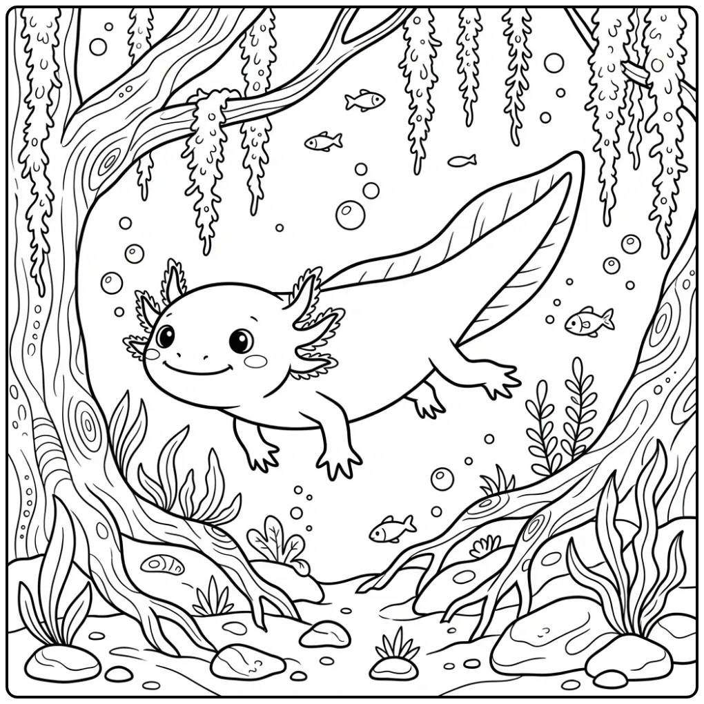 Schattige axolotl kleurplaat zwemmend langs boomwortels.