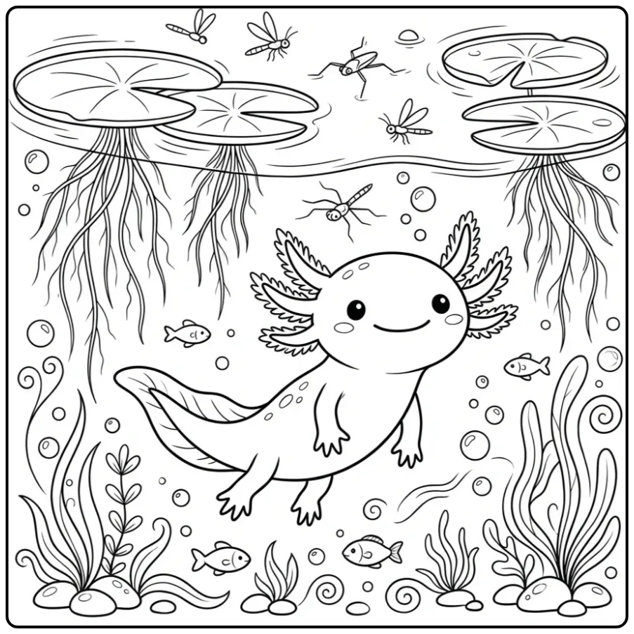 Schattige axolotl kleurplaat onder drijvende leliebladen.