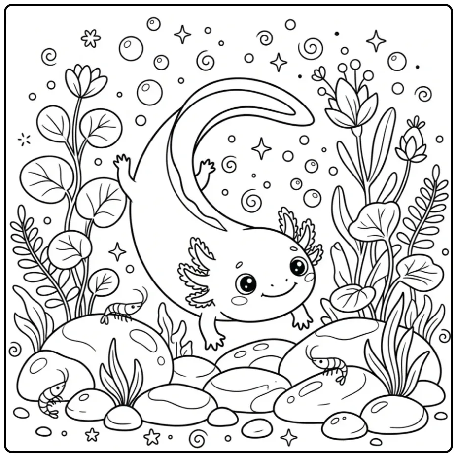 Een schattige axolotl kleurplaat die zwemt tussen stenen.