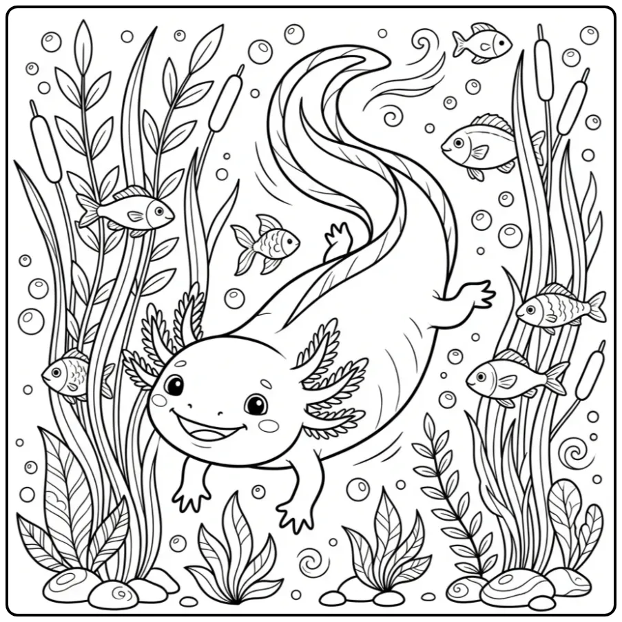 Schattige axolotl kleurplaat met riet en visjes om te kleuren