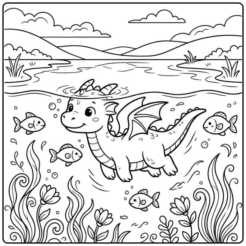 Een schattige kleurplaat draak onder water met vissen.