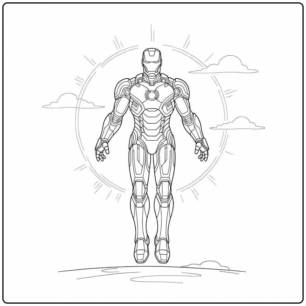 Stoere iron man kleurplaat zwevend boven de wolken.
