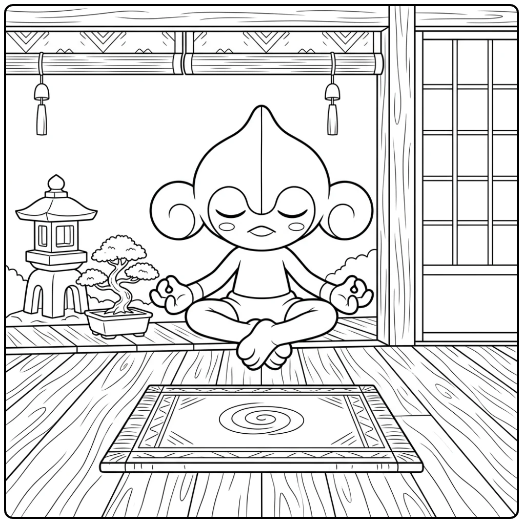 Pokemon Meditite kleurplaat in een vredige meditatietempel.