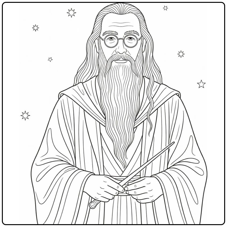 Albus Dumbledore Kleurplaat met baard en halvemaanbril