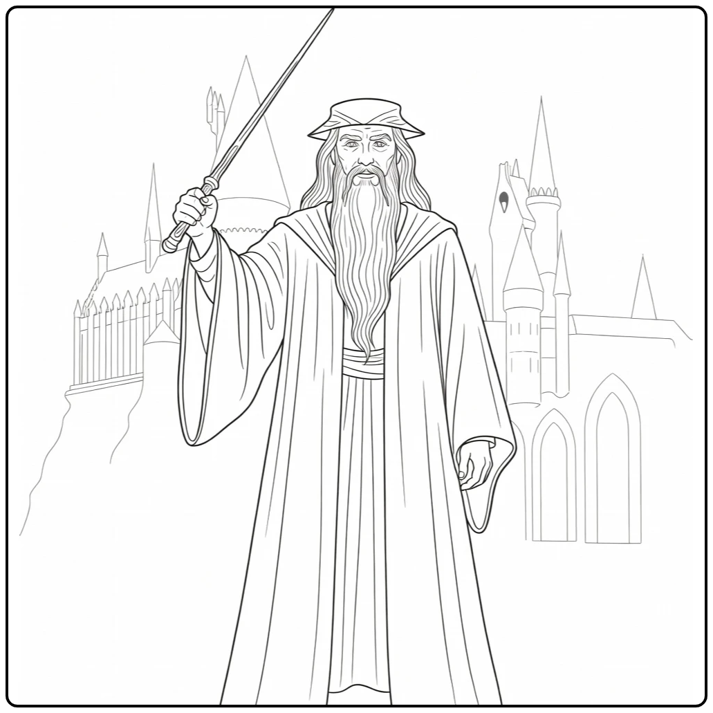 Albus Dumbledore Kleurplaat met Elderstaf en kasteel