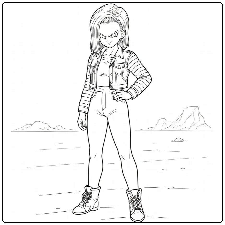 Android 18 Kleurplaat: zelfverzekerd met hand op heup