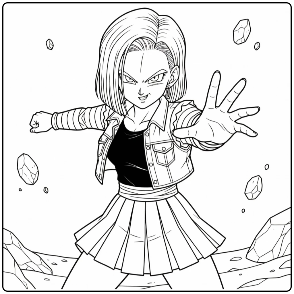 Android 18 Kleurplaat in actiepone met uitgestrekte arm