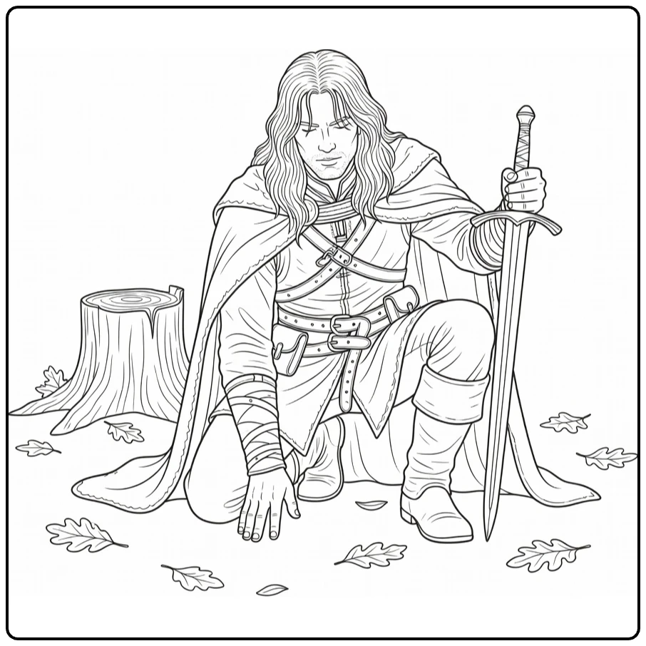 Aragorn Kleurplaat knielende ranger met zwaard en boomstronk