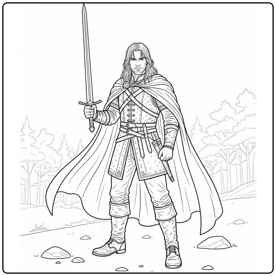 Aragorn Kleurplaat: heroïsche pose met zwaard en mantel