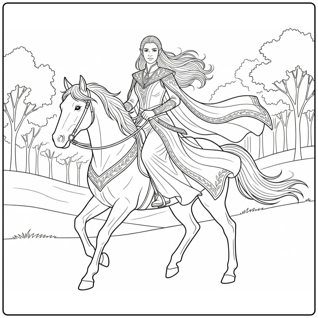 Arwen Kleurplaat: Arwen te paard in gracieuze heroïsche pose
