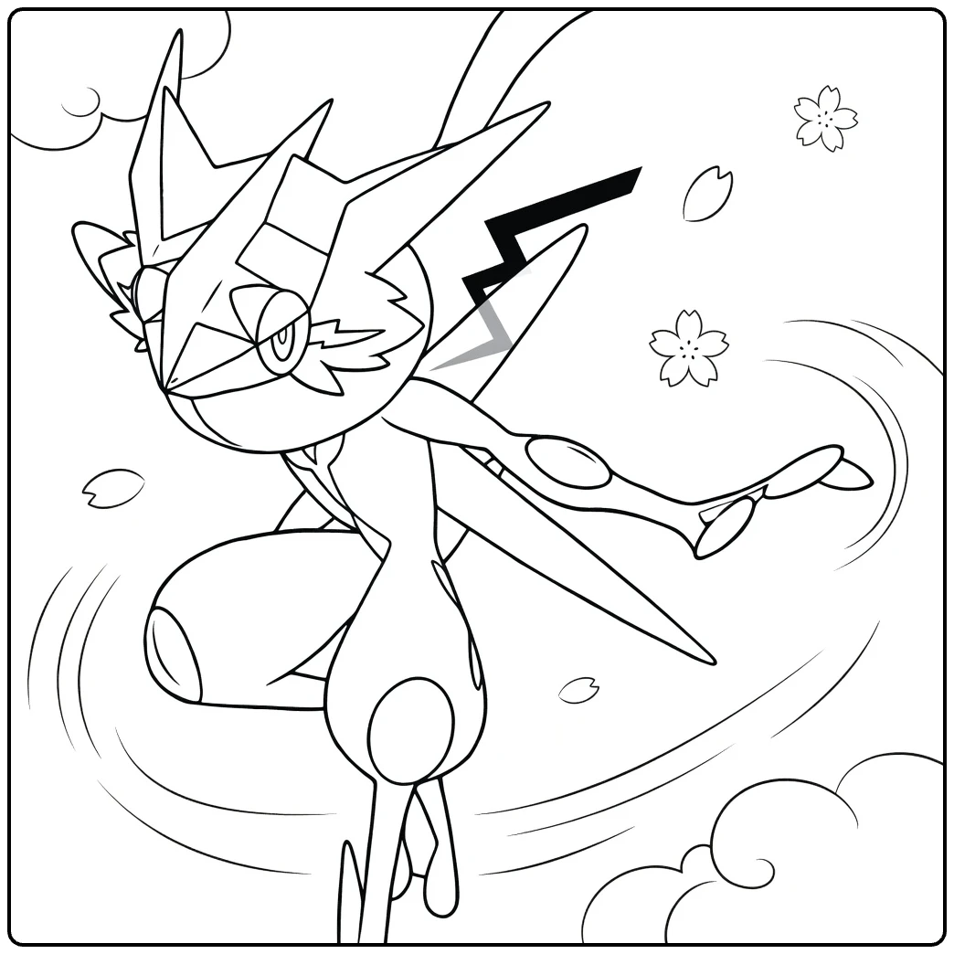 Ash-Greninja Water Pokemon Kleurplaat met sakura en water
