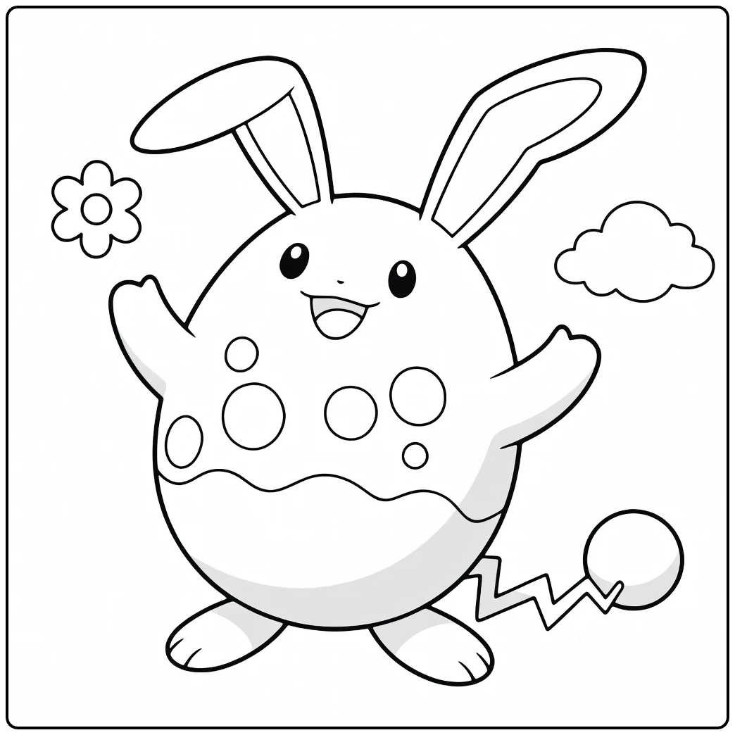 Azumarill Water Pokemon Kleurplaat met bloemen en bubbels