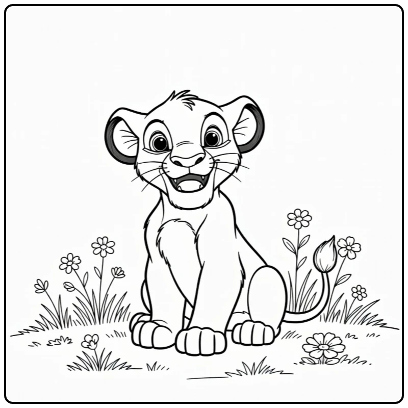 Baby Simba kleurplaat: zit blij in gras met bloemen
