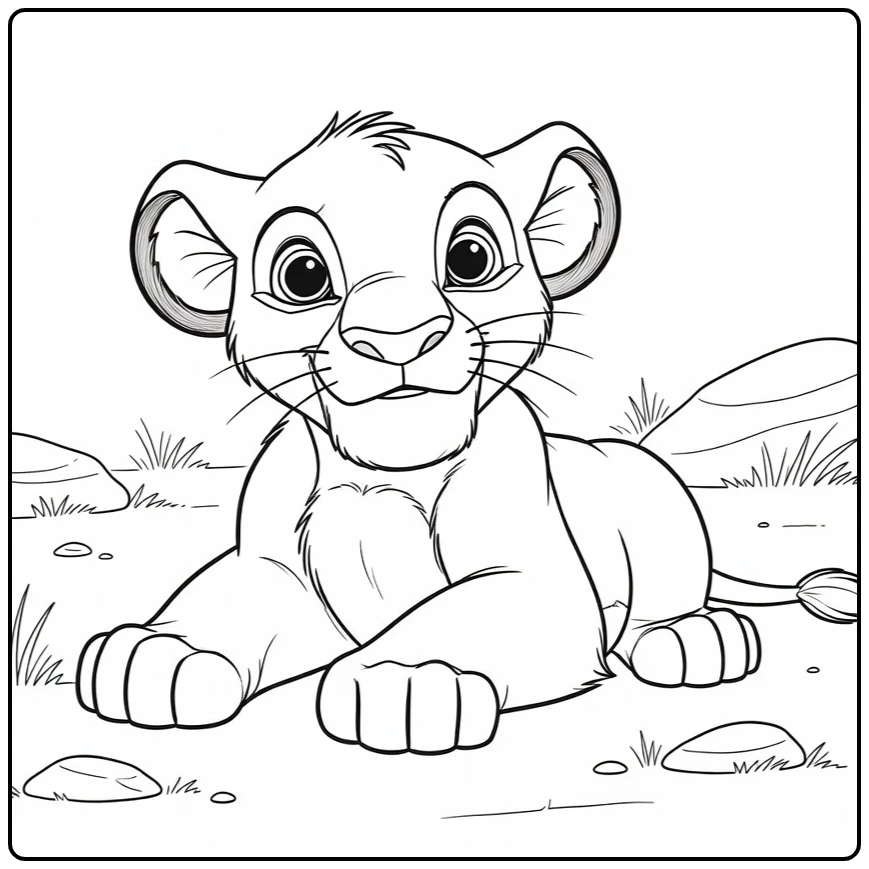 Baby Simba kleurplaat: schattige welp op buik met pootjes vooruit, nieuwsgierig