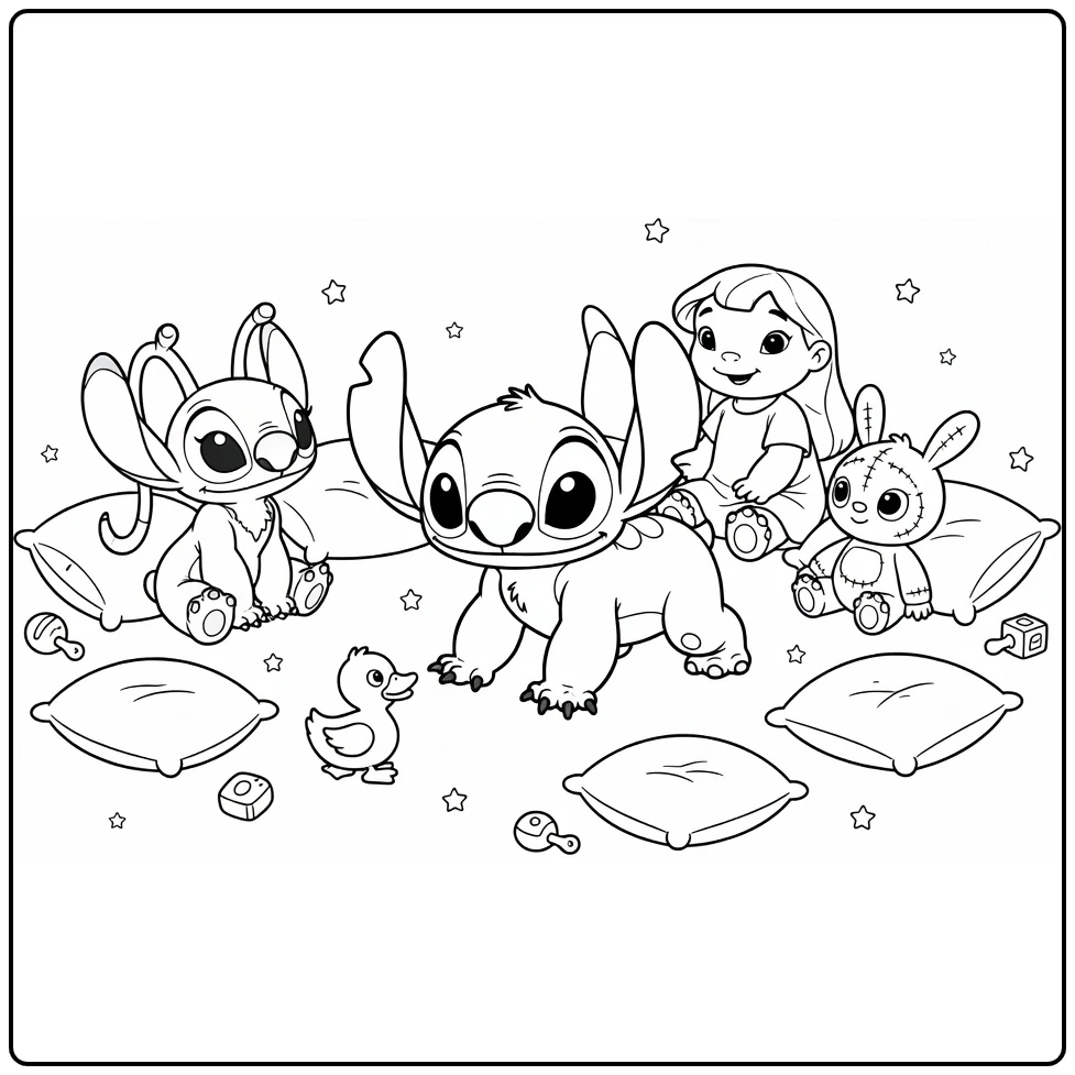 baby stitch kleurplaat: Stitch kruipt naar eendje met Angel