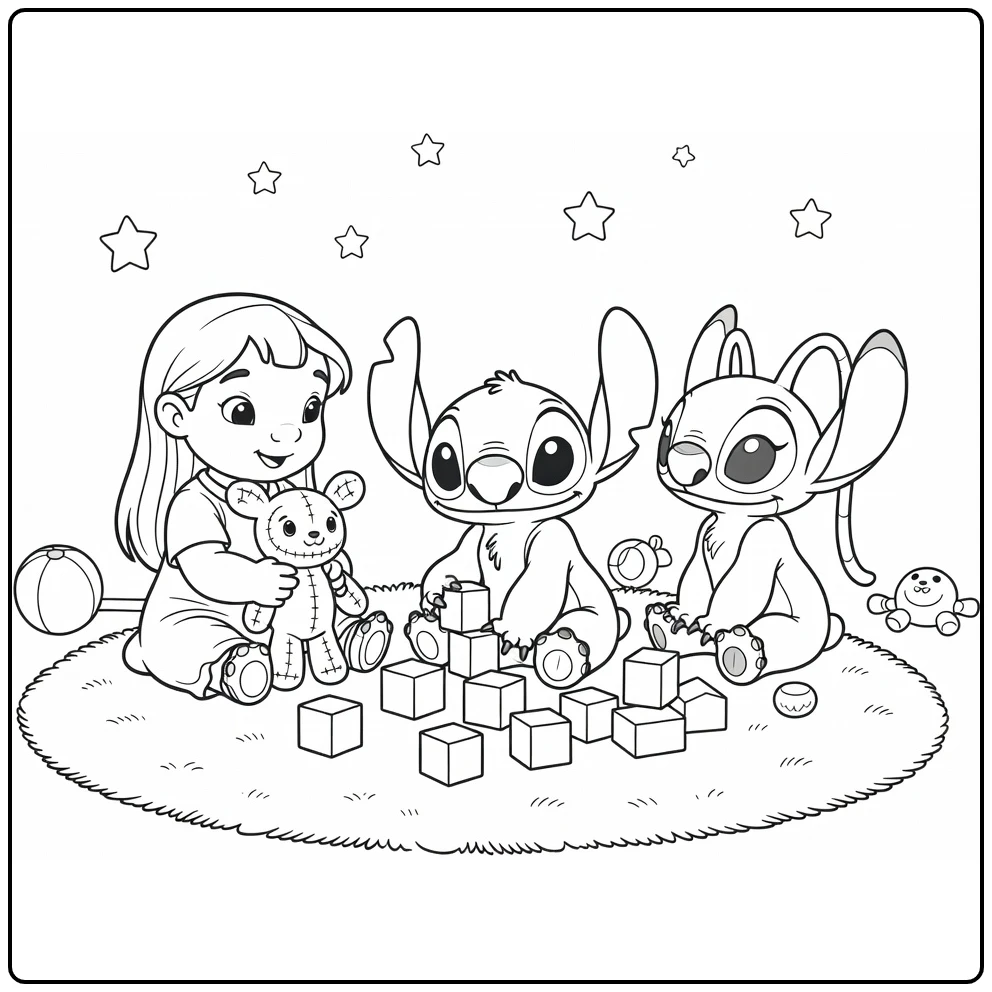 baby stitch kleurplaat met blokken, Lilo en Angel