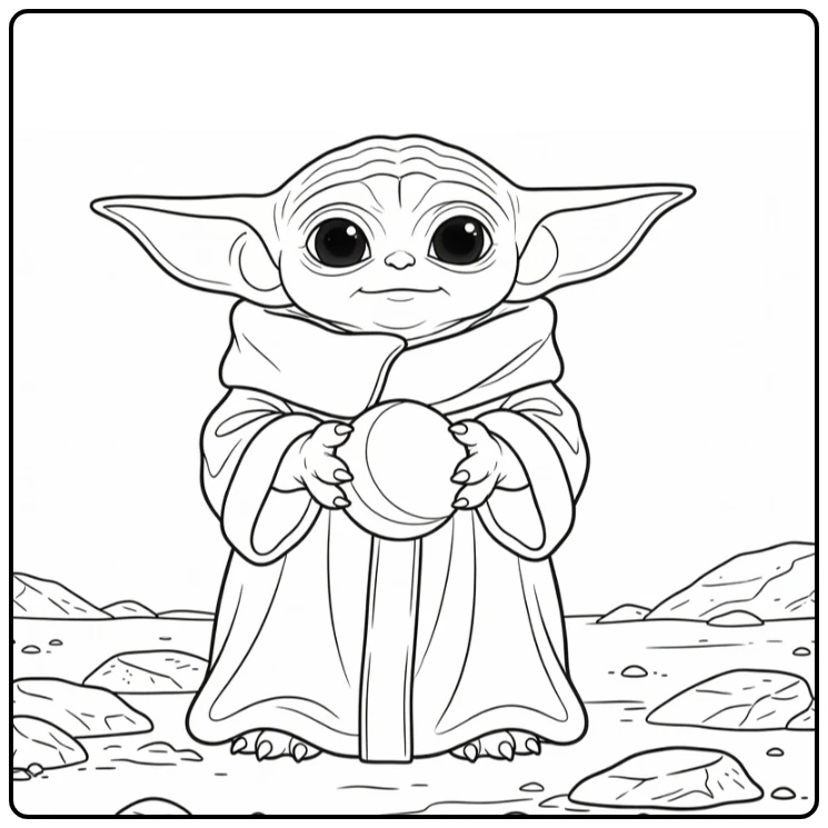 Baby Yoda kleurplaat met bal in handen op rotsen